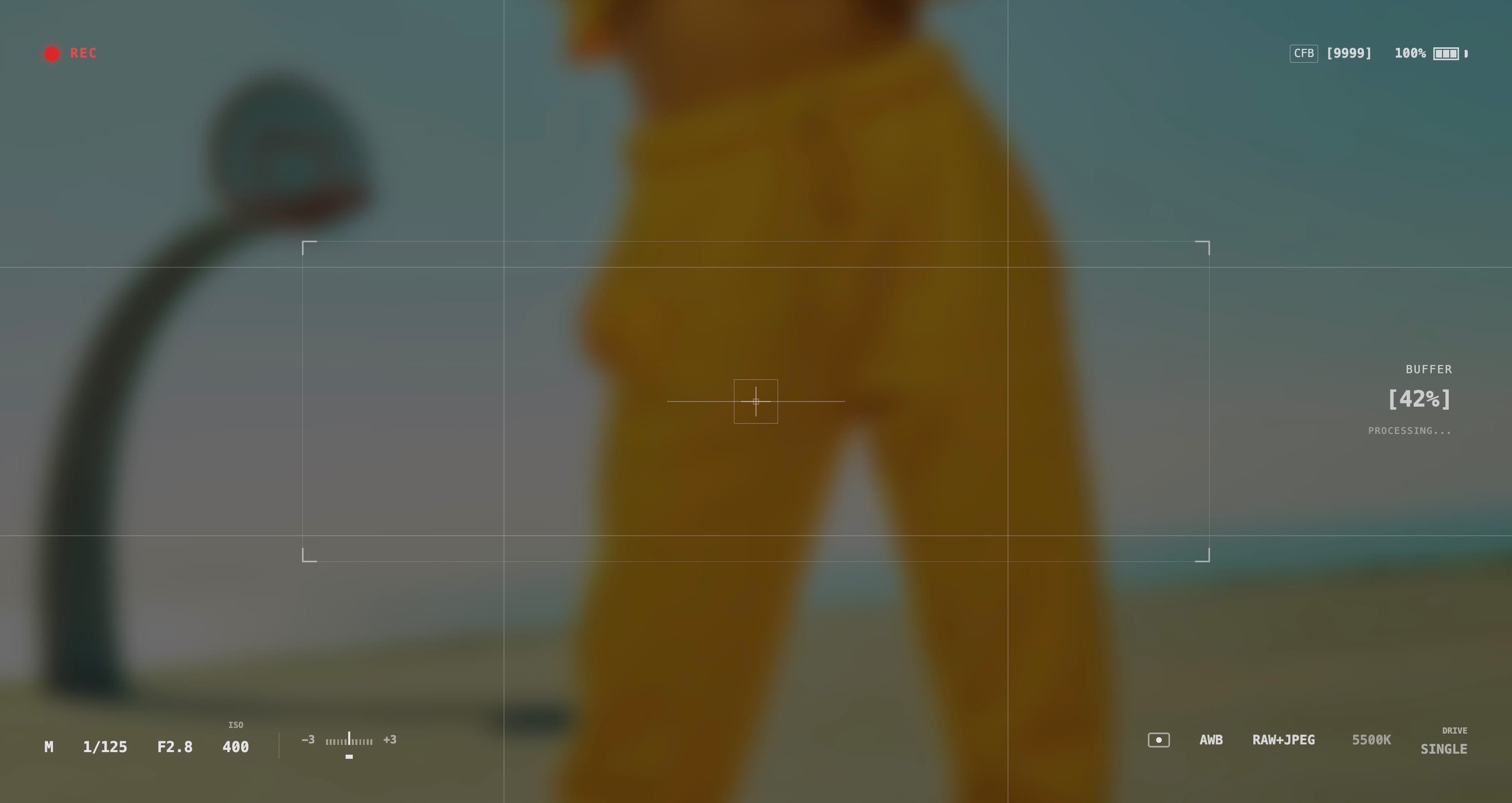 Camera preloader on belikova.site. A blurred editorial frame behind a viewfinder, with REC, a buffer readout, and the exposure line.