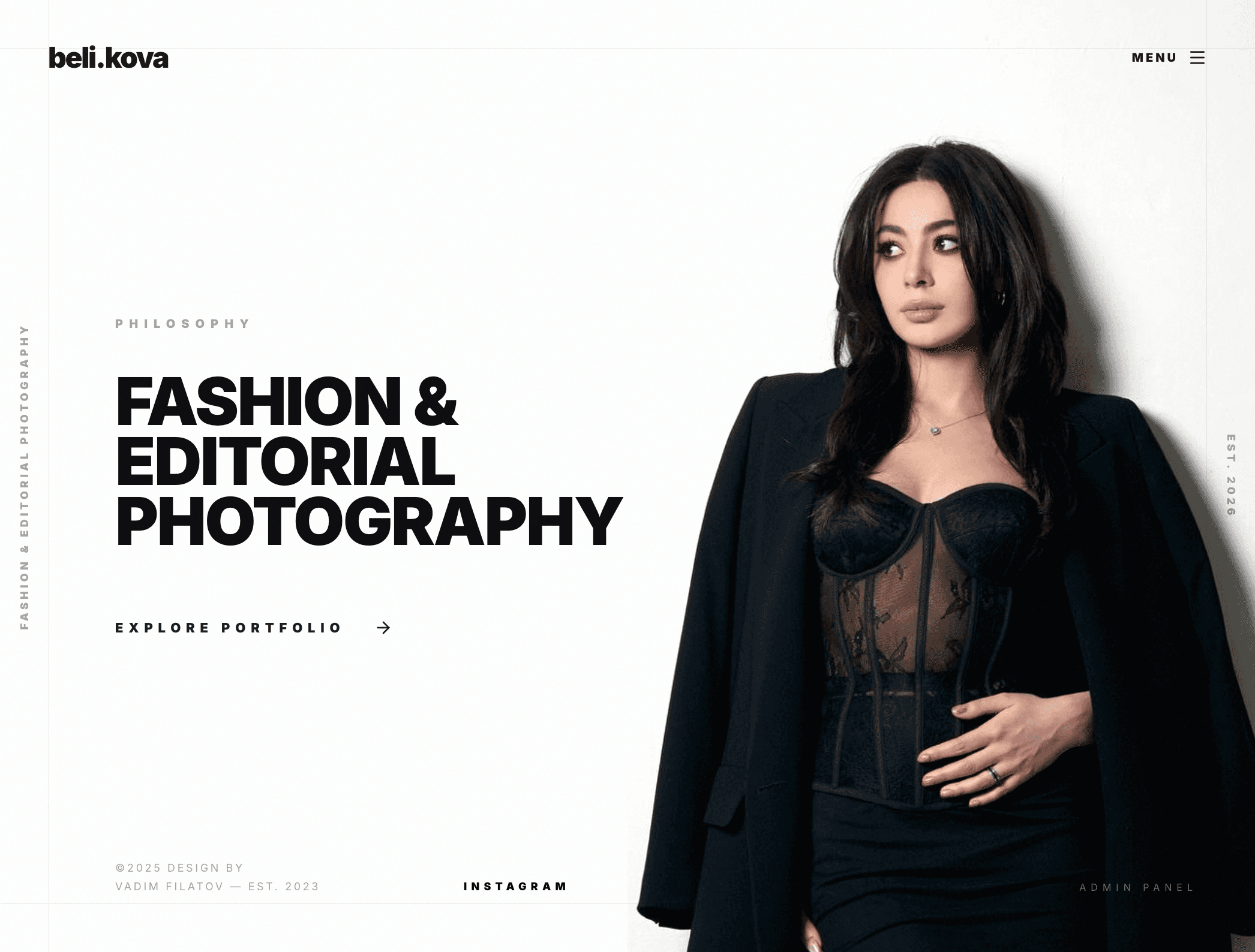 Homepage of belikova.site. FASHION & EDITORIAL PHOTOGRAPHY beside a full-height editorial portrait, with MENU, EXPLORE PORTFOLIO, and INSTAGRAM.