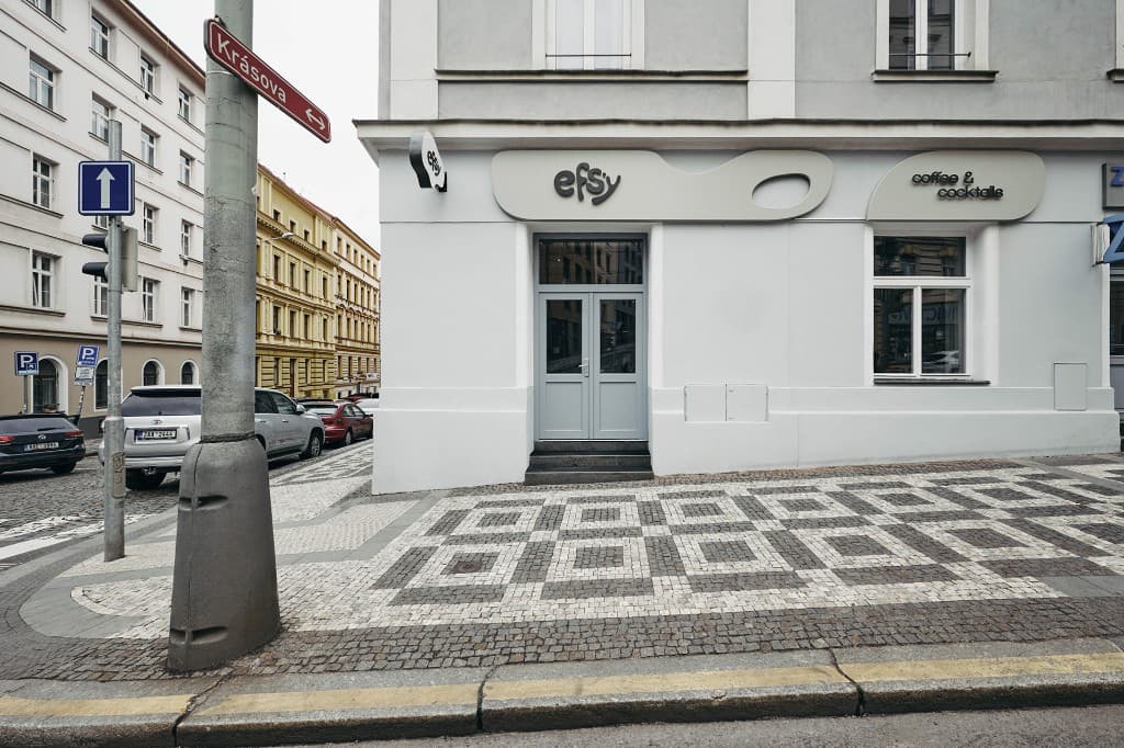 Efsy storefront on Krásova with the wordmark above the door