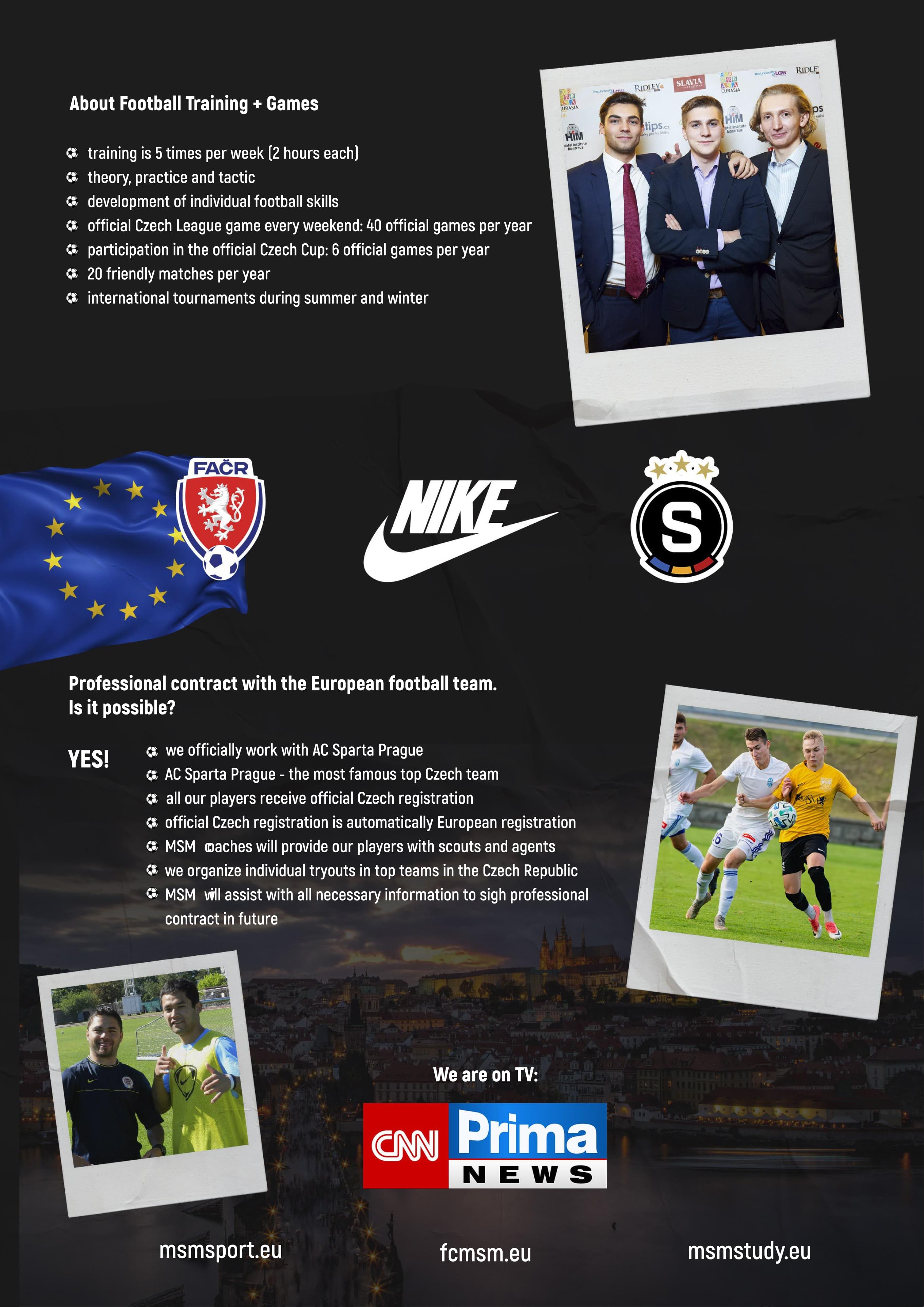 Brochure page about football training, games, and a professional contract