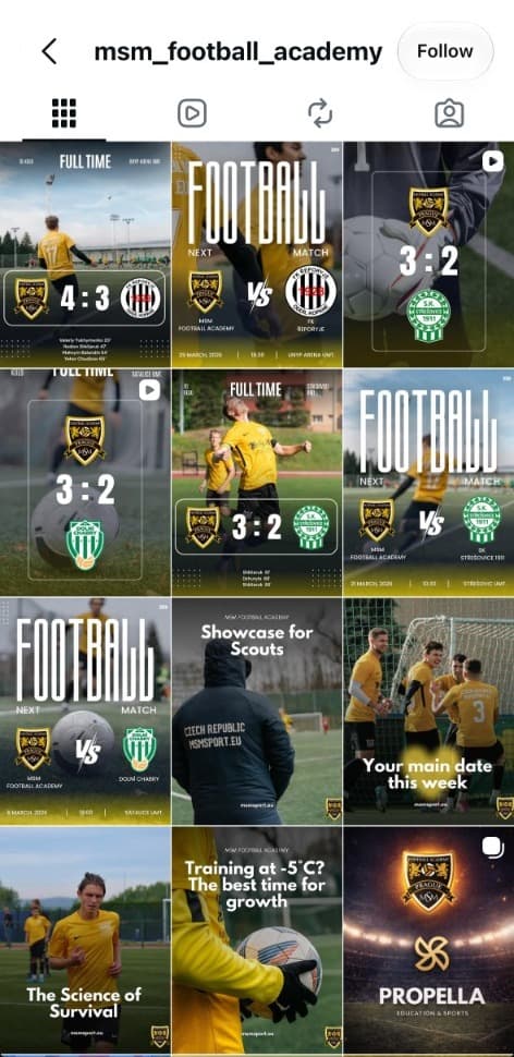 Instagram grid for msm_football_academy with match results and camp posts
