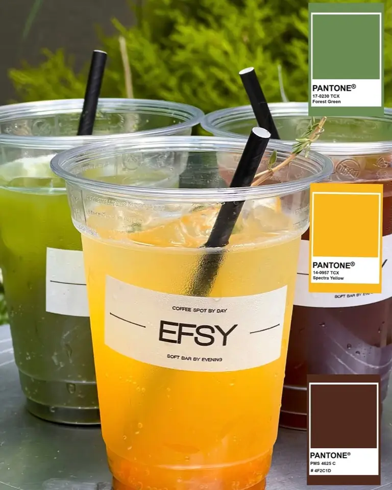 Efsy cup labels with the wordmark and Pantone chips
