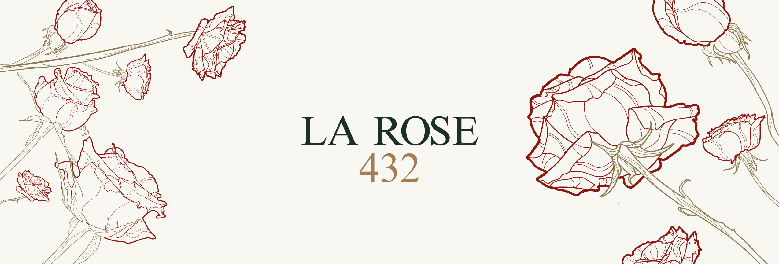 Line-drawn roses on cream. LA ROSE in dark green, 432 in bronze.