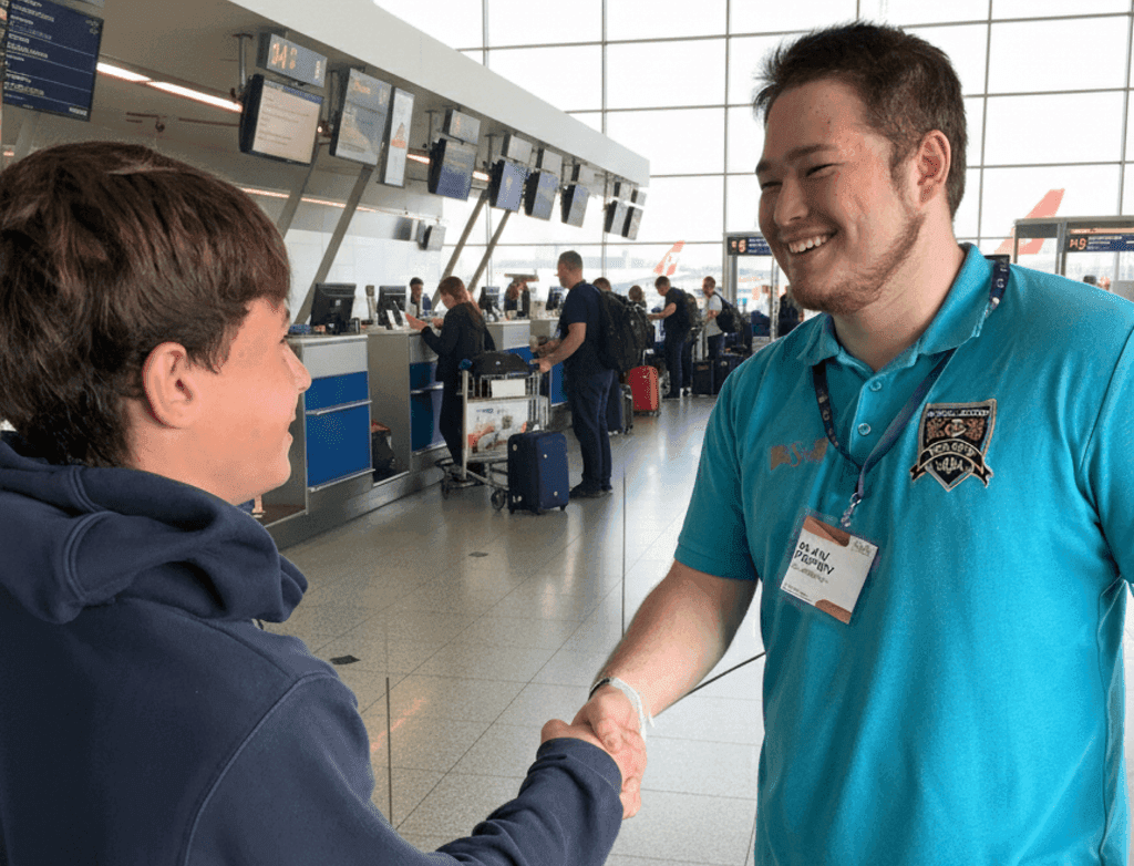 Counselor greeting a student at the airport